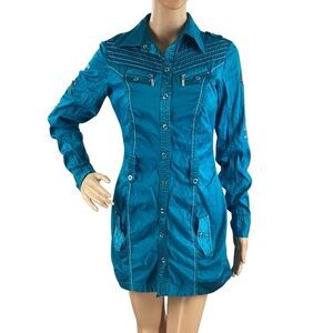 Coogi Shiny Snap Front Stretch Utility Mini Shirt Dress Teal Small